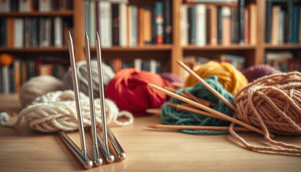 A beautifully arranged collection of various needle sizes specifically designed for different types of yarn, displayed on a clean, wooden table. In the foreground, focus on a few prominent metallic needles, each labeled by size, gleaming softly under warm, natural lighting. In the middle ground, showcase a variety of colorful yarns, such as thick wool, medium cotton, and fine silk, coiling around the needles to demonstrate suitable matches. In the background, a blurred bookshelf filled with knitting books, enhancing the crafting atmosphere. Capture a cozy and inviting mood, evoking a sense of creativity and craftsmanship. Use a shallow depth of field to emphasize the needles and yarn, with a slight overhead angle for a clear view. A beautifully arranged collection of various needle sizes specifically designed for different types of yarn, displayed on a clean, wooden table. In the foreground, focus on a few prominent metallic needles, each labeled by size, gleaming softly under warm, natural lighting. In the middle ground, showcase a variety of colorful yarns, such as thick wool, medium cotton, and fine silk, coiling around the needles to demonstrate suitable matches. In the background, a blurred bookshelf filled with knitting books, enhancing the crafting atmosphere. Capture a cozy and inviting mood, evoking a sense of creativity and craftsmanship. Use a shallow depth of field to emphasize the needles and yarn, with a slight overhead angle for a clear view.