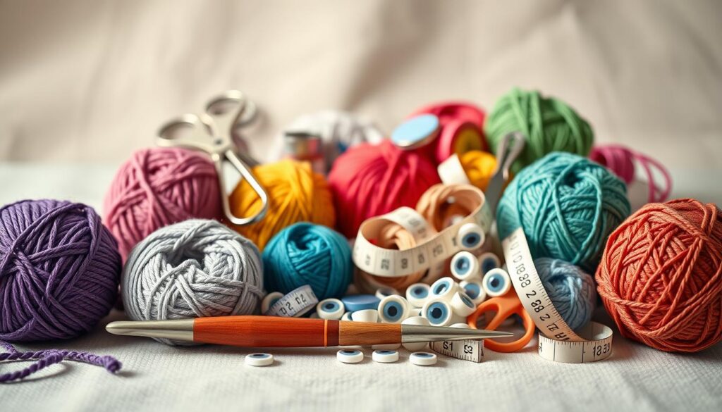 A beautifully arranged flat lay of essential amigurumi accessories on a soft, textured background. In the foreground, showcase vibrant skeins of yarn in various colors, a comfortable crochet hook, and a selection of safety eyes. The middle layer features a pair of scissors, a yarn needle, and a measuring tape, all neatly organized. In the background, soft, diffused lighting creates a warm atmosphere, enhancing the colors of the yarn and tools. A subtle bokeh effect in the background adds depth, while the overall mood is inviting and creative, perfect for beginners eager to enhance their crafting experience. The composition should be balanced and focused, drawing attention to the artistic and functional aspects of the accessories.