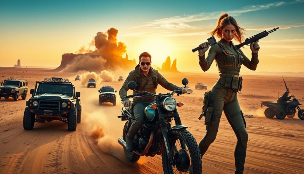 A breathtaking desert landscape inspired by "Mad Max: Fury Road," showcasing iconic vehicles like armored trucks and motorbikes racing through a vast wasteland. In the foreground, a rugged hero in practical yet stylish survival gear stands poised, ready for action, exuding determination and grit. To the right, a fierce female warrior, dressed in practical tactical attire, brandishes a weapon and displays a confident stance. The middle ground features dramatic clouds of dust swirling from the vehicles, accentuated by the golden glow of the sun setting behind towering rock formations. The background reveals an expansive horizon dotted with remnants of civilization, adding depth. The atmosphere is intense and gritty, emphasizing the thrill of adventure, captured with cinematic lighting and a slightly tilted angle to enhance the dynamic feel of the scene.