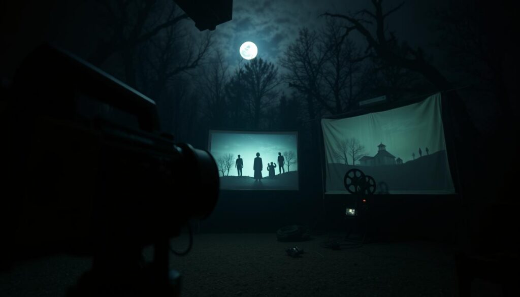 A chilling scene depicting a dimly lit, eerie film set dedicated to horror films based on true stories. In the foreground, a vintage film camera captures a shadowy figure in a haunting pose, representing a character inspired by real-life terror events, dressed in a modest, period-appropriate outfit. The middle ground features an old projector casting flickering images of haunting landscapes onto a worn white screen, with ghostly elements softly illuminated. In the background, darkened trees loom ominously against a moonlit sky, adding to the unsettling atmosphere. The lighting is low and moody, creating deep shadows and highlighting the tension in the air. The perspective should be from eye level, evoking a sense of immersion and suspense.