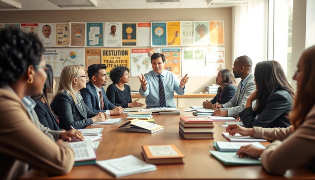 A classroom setting that captures the essence of Paulo Freire's critical literacy method. In the foreground, a diverse group of adult learners, dressed in professional business attire, engaging in a dynamic discussion around a large wooden table filled with books, paper, and educational materials. In the middle, a passionate facilitator, also in professional attire, inspiring the group with animated gestures, exemplifying a transformative teaching approach. The background showcases a bright, sunlit room filled with educational posters, emphasizing dialogue and reflection. The atmosphere should feel warm and inviting, with soft, natural lighting illuminating the faces of the participants, creating an environment of collaboration and empowerment. The scene is framed with a slight depth of field, subtly blurring the surroundings to keep the focus on the interaction among the individuals.