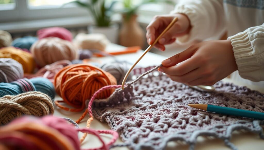 A close-up composition featuring a beautifully crafted crochet work-in-progress, prominently displaying various techniques for securing loose yarn ends at the start and finish of rows. In the foreground, focus on a colorful arrangement of yarn skeins and crochet hooks laid out neatly. The middle ground should feature a pair of skilled hands, adorned with modest sleeves, expertly weaving in the loose ends with a crochet hook, showcasing the meticulous process. The background should include a softly blurred workspace with natural light filtering through a window, enhancing the warm, inviting atmosphere of a home crafting environment. The scene conveys a sense of tranquility and craftsmanship, highlighting the nuances of crochet finishing techniques. A close-up composition featuring a beautifully crafted crochet work-in-progress, prominently displaying various techniques for securing loose yarn ends at the start and finish of rows. In the foreground, focus on a colorful arrangement of yarn skeins and crochet hooks laid out neatly. The middle ground should feature a pair of skilled hands, adorned with modest sleeves, expertly weaving in the loose ends with a crochet hook, showcasing the meticulous process. The background should include a softly blurred workspace with natural light filtering through a window, enhancing the warm, inviting atmosphere of a home crafting environment. The scene conveys a sense of tranquility and craftsmanship, highlighting the nuances of crochet finishing techniques.