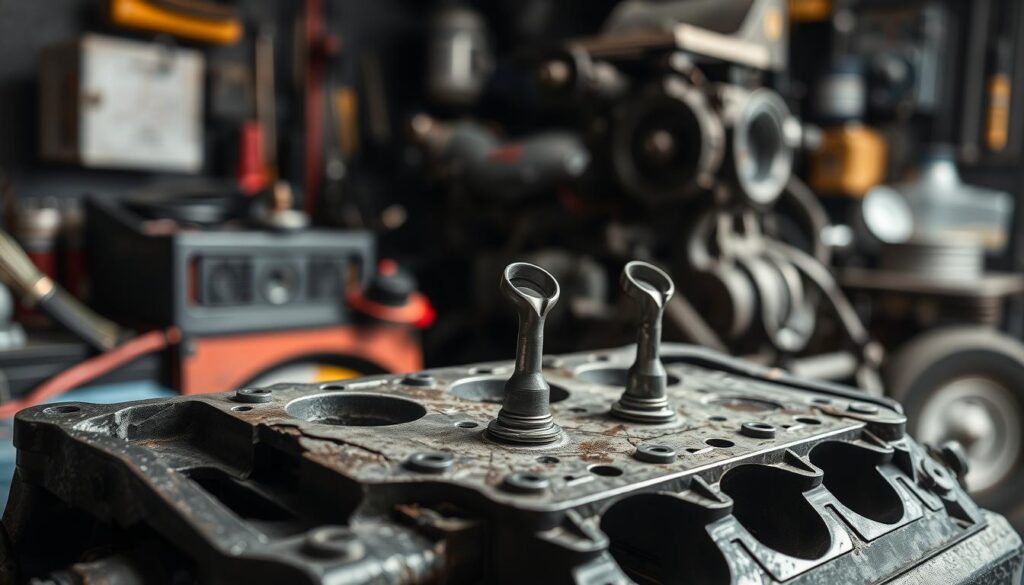 A close-up depiction of a damaged engine head with bent valves, showcasing the intricate details and mechanics involved. The foreground features the engine head prominently, with noticeable cracks and warping in the metal, highlighting the consequences of delayed maintenance. In the middle ground, a pair of bent exhaust and intake valves are elegantly arranged, emphasizing their misalignment. The background consists of a dimly lit garage environment, filled with tools and engine components, creating an atmosphere of urgency and neglect. Soft, diffused lighting casts subtle shadows, enhancing the texture of the metal. The overall mood is somber and technical, evoking the seriousness of engine maintenance issues. Ensure no text or watermarks are present.