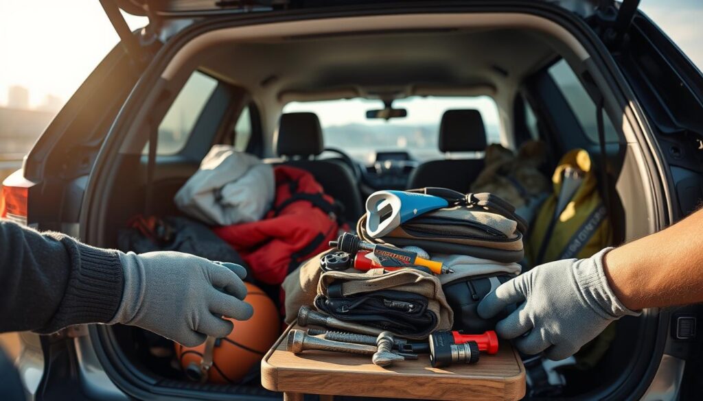 A close-up of a cluttered car interior being organized, with unnecessary items being removed to save fuel. In the foreground, hands wearing gloves are sorting through various items like bulky bags, sports equipment, and old tools, neatly stacking them on a small table outside the car. The middle ground features the open car door, revealing a spacious back seat now devoid of clutter, emphasizing efficiency and cleanliness. The background shows a sunny day, with a faint silhouette of a cityscape, highlighting the notion of practicality and modern living. Soft, natural lighting illuminates the scene to create an optimistic and informative atmosphere, reflecting the idea of optimizing vehicle performance. A close-up of a cluttered car interior being organized, with unnecessary items being removed to save fuel. In the foreground, hands wearing gloves are sorting through various items like bulky bags, sports equipment, and old tools, neatly stacking them on a small table outside the car. The middle ground features the open car door, revealing a spacious back seat now devoid of clutter, emphasizing efficiency and cleanliness. The background shows a sunny day, with a faint silhouette of a cityscape, highlighting the notion of practicality and modern living. Soft, natural lighting illuminates the scene to create an optimistic and informative atmosphere, reflecting the idea of optimizing vehicle performance.