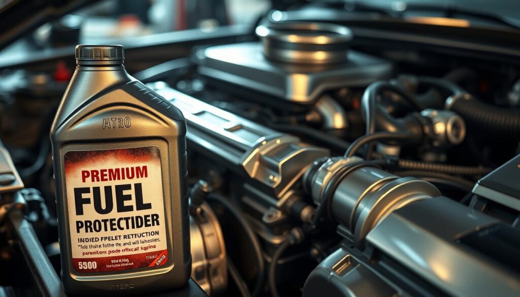 A close-up shot of a modern car engine, glistening with high-quality motor oil reflecting ambient light. In the foreground, there's a container of premium fuel, labeled with clear, bold graphics, emphasizing its role in engine protection. The middle ground reveals the intricate details of the engine's components, showcasing clean metal, hoses, and wiring, illuminated with soft, warm lighting to create a reassuring atmosphere. In the background, a blurred garage setting suggests a professional maintenance environment. The overall mood is one of reliability and care, highlighting the importance of using quality fuel for engine longevity. The image should be taken from a low angle, lending a sense of intimacy and focus to the engine's details, with no text or logos present. A close-up shot of a modern car engine, glistening with high-quality motor oil reflecting ambient light. In the foreground, there's a container of premium fuel, labeled with clear, bold graphics, emphasizing its role in engine protection. The middle ground reveals the intricate details of the engine's components, showcasing clean metal, hoses, and wiring, illuminated with soft, warm lighting to create a reassuring atmosphere. In the background, a blurred garage setting suggests a professional maintenance environment. The overall mood is one of reliability and care, highlighting the importance of using quality fuel for engine longevity. The image should be taken from a low angle, lending a sense of intimacy and focus to the engine's details, with no text or logos present.