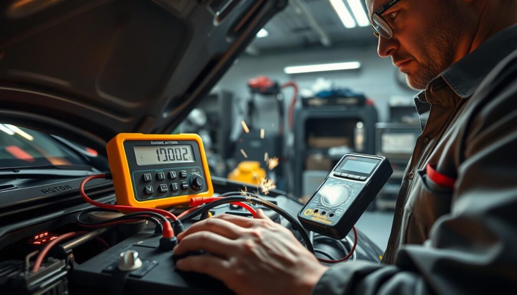 A close-up view of a car battery being inspected, with a focus on visually identifying hidden electrical drain issues. In the foreground, a technician wearing a professional work shirt examines the battery terminals with a multimeter displaying abnormal readings. The middle ground shows the vehicle’s hood raised, revealing intricate wiring and connections, while subtle sparks or glows suggest electrical activity. The background consists of a dimly lit garage filled with tools and automotive equipment, enhancing the mood of a careful investigation into vehicle problems. Soft overhead lighting casts a warm glow, emphasizing the contrast of metal surfaces. The overall atmosphere should convey a sense of urgency and expertise in diagnosing electrical issues. A close-up view of a car battery being inspected, with a focus on visually identifying hidden electrical drain issues. In the foreground, a technician wearing a professional work shirt examines the battery terminals with a multimeter displaying abnormal readings. The middle ground shows the vehicle’s hood raised, revealing intricate wiring and connections, while subtle sparks or glows suggest electrical activity. The background consists of a dimly lit garage filled with tools and automotive equipment, enhancing the mood of a careful investigation into vehicle problems. Soft overhead lighting casts a warm glow, emphasizing the contrast of metal surfaces. The overall atmosphere should convey a sense of urgency and expertise in diagnosing electrical issues.
