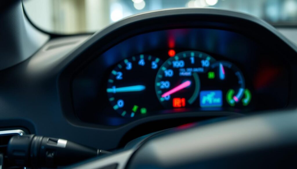 A close-up view of a car dashboard, highlighting the blue and green warning lights of the instrument panel. The foreground features the sleek, modern dashboard design, with vibrant blue lights indicating high beam headlights and clear green lights showing turn signals. The lights should glow softly, reflecting off the dark, polished surface of the dashboard. In the middle ground, subtle details of the speedometer and fuel gauge create a technical ambiance. The background is slightly blurred, suggesting the interior of a vehicle, enhancing the depth of field. Soft, ambient lighting creates a calm, professional atmosphere, emphasizing the functionality and importance of these dashboard indicators. The overall composition should be clean and focused, with no distractions or additional elements. A close-up view of a car dashboard, highlighting the blue and green warning lights of the instrument panel. The foreground features the sleek, modern dashboard design, with vibrant blue lights indicating high beam headlights and clear green lights showing turn signals. The lights should glow softly, reflecting off the dark, polished surface of the dashboard. In the middle ground, subtle details of the speedometer and fuel gauge create a technical ambiance. The background is slightly blurred, suggesting the interior of a vehicle, enhancing the depth of field. Soft, ambient lighting creates a calm, professional atmosphere, emphasizing the functionality and importance of these dashboard indicators. The overall composition should be clean and focused, with no distractions or additional elements.