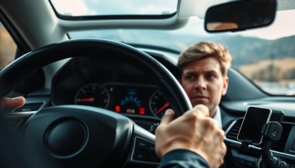 A close-up view of a car's dashboard and steering wheel, showing a driver with a concerned expression while experiencing unusual vibrations. The steering wheel shakes slightly, indicating mechanical issues, with blurred visuals of the road and scenery in the background to convey movement and instability. Daylight filters through the windshield, creating a mix of natural and artificial lighting, emphasizing the driver's focus on the dashboard warning lights. The interior is modern, featuring a smartphone mount and a coffee cup in the cup holder, hinting at everyday life. The atmosphere is tense yet professional, highlighting the urgency of car maintenance without distractions or clutter in the visual space.