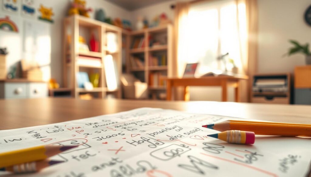 A close-up view of a child's handwritten page filled with spontaneous writing and drawings, showcasing various spelling errors and scribbles. The foreground features scattered colored pencils and erasers next to the paper, symbolizing the creative process of learning. In the middle ground, there is a soft-focus view of a cozy study desk, bathed in warm, natural light coming from a nearby window, illuminating the scene with a cheerful ambiance. In the background, shelves filled with children's books and educational materials create a nurturing environment for creativity. The mood is playful and encouraging, highlighting the beauty of the learning journey through writing. The overall atmosphere is inviting and inspiring, perfect for fostering a love of writing in children.