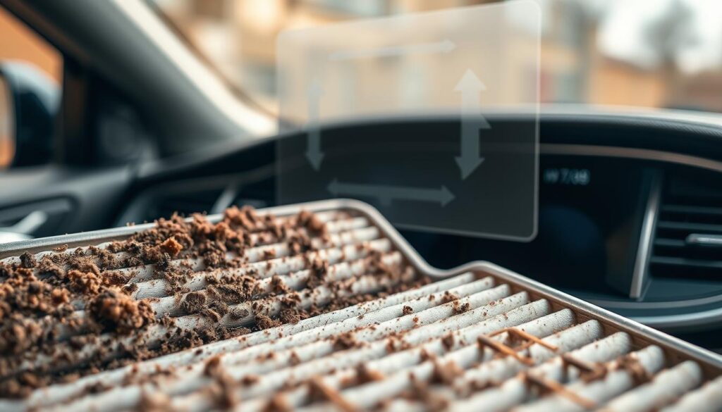 A close-up view of a clogged cabin air filter, placed prominently in the foreground, with dirt and debris clearly visible. The filter shows signs of wear and blockage, emphasizing its impact on airflow. In the middle ground, a transparent airflow diagram illustrates reduced air movement, indicated by faded arrows and symbols of airflow. The background features a sleek automotive dashboard, softly blurred to keep focus on the filter. Warm, diffused lighting highlights the filter's textures, creating a contrast against the darker interior elements. The mood is informative and technical, conveying a sense of concern regarding automotive maintenance and the importance of clean air filtration. The composition is shot with a macro lens at a slight angle to enhance the depth of field, providing a comprehensive view of the filter's condition. A close-up view of a clogged cabin air filter, placed prominently in the foreground, with dirt and debris clearly visible. The filter shows signs of wear and blockage, emphasizing its impact on airflow. In the middle ground, a transparent airflow diagram illustrates reduced air movement, indicated by faded arrows and symbols of airflow. The background features a sleek automotive dashboard, softly blurred to keep focus on the filter. Warm, diffused lighting highlights the filter's textures, creating a contrast against the darker interior elements. The mood is informative and technical, conveying a sense of concern regarding automotive maintenance and the importance of clean air filtration. The composition is shot with a macro lens at a slight angle to enhance the depth of field, providing a comprehensive view of the filter's condition.
