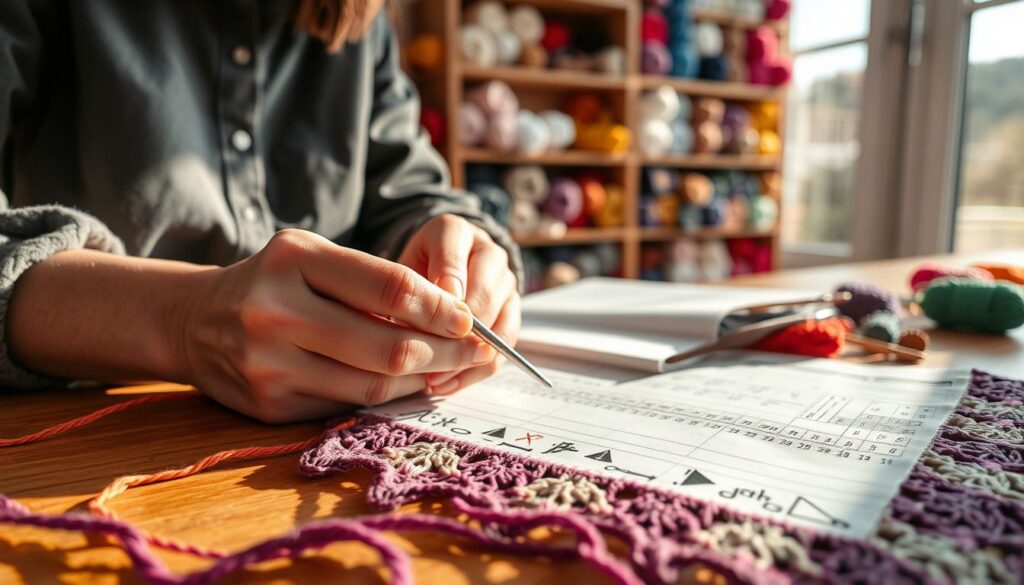 A close-up view of a crochet project in progress, featuring intricate stitches and colorful yarns spread across a wooden table. In the foreground, a pair of hands, clad in modest casual clothing, meticulously count stitches while referencing a crochet chart filled with symbols and diagrams. The crochet hook glimmers softly in natural light streaming through a nearby window, creating a warm and inviting atmosphere. In the background, an organized array of yarn in various shades is neatly displayed on shelves, suggesting a well-loved crafting space. Emphasize texture and detail, capturing the focus and concentration of the person as they ensure the accuracy of their work, conveying a sense of creativity and craftsmanship.