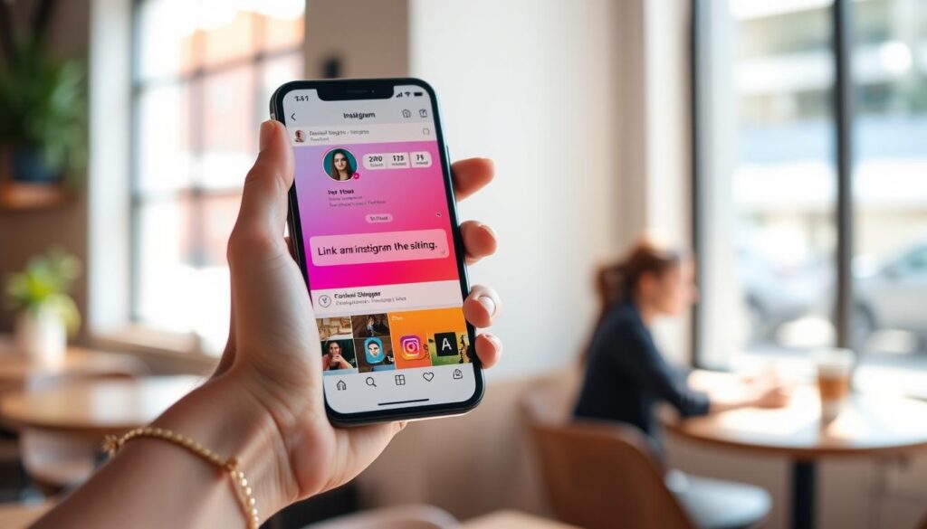 A close-up view of a stylish smartphone held in a person's hand, displaying an Instagram profile with a prominent, clickable link highlighted. The smartphone's screen should show vibrant colors, with the Instagram app interface clearly visible, emphasizing the link area. The person’s hand is adorned with a simple, elegant bracelet, and they are dressed in smart casual clothing to convey professionalism. The background features a softly blurred coffee shop environment, creating a warm and inviting atmosphere. Natural light streams in through a nearby window, casting gentle shadows and enhancing the colors on the phone screen. The overall mood should be inspiring, encouraging engagement and connection.