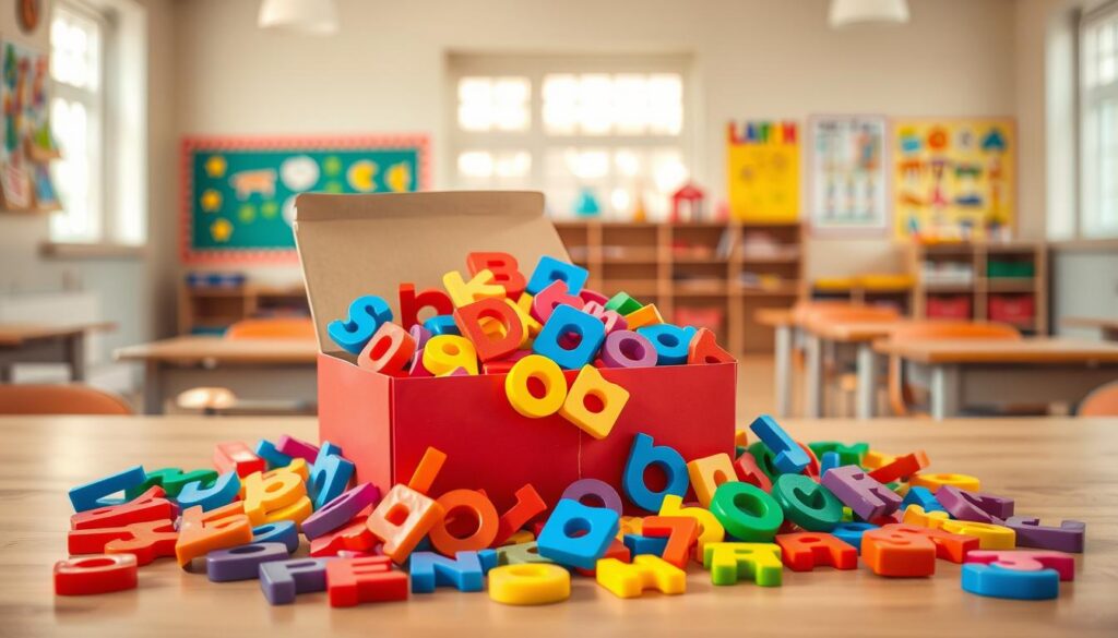A colorful surprise box filled with vibrant alphabet letters, creatively scattered around in a playful arrangement. In the foreground, the box is open, revealing letters in various sizes and colors, such as red, blue, yellow, and green, with some letters partially spilling out. The middle ground shows a bright, inviting classroom setting with wooden desks and playful educational posters on the walls, creating an engaging atmosphere. The background features soft, warm lighting from large windows, adding a cheerful ambiance. The scene captures the essence of group play, showcasing a sense of discovery and fun. The image is lively, emphasizing the joy of learning through play with no text or branding present.