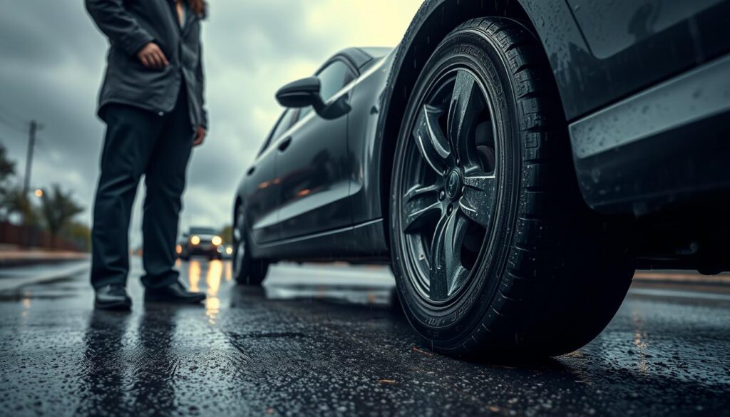 A concerned driver stands by a vehicle, inspecting a worn-out tire on a rainy day. The foreground features the driver in a professional outfit, showing a worried expression as they examine the bald tire. In the middle, the car is parked on a wet street, highlighting the tire's deteriorated condition, with close-up details of the treadless surface. The background depicts overcast skies with faint raindrops falling, creating a somber atmosphere that enhances the urgency of the situation. The scene is captured from a low angle to focus on the tire's flaws, illuminated by soft, diffused lighting that emphasizes the moisture on the tire and road. The overall mood conveys a call for awareness and responsibility regarding tire safety.