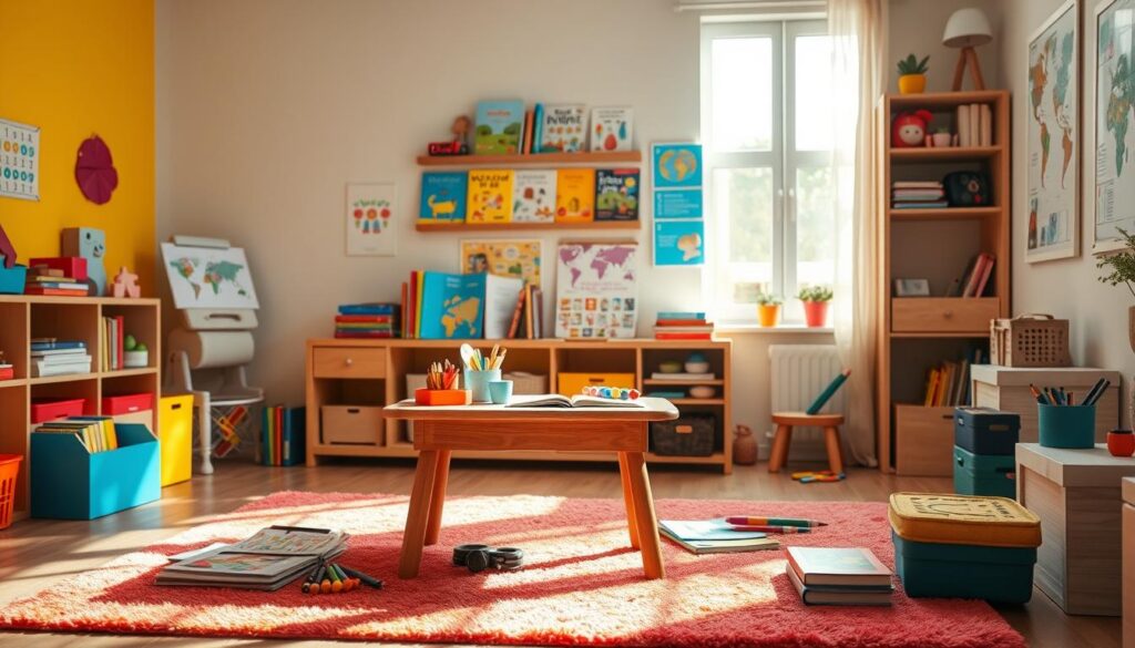 A cozy and colorful children's study environment filled with learning elements. In the foreground, a small, child-sized wooden table is scattered with colorful books, art supplies, and educational toys. A plush rug in bright colors lies on the floor, creating a warm space. In the middle, a bookshelf filled with playful, illustrated books and educational posters adorns the walls, showcasing charts and maps. Soft, natural light streams in from a nearby window, casting gentle shadows. The background features bright wall paint in cheerful colors like yellow and blue, enhancing the playful ambiance. The mood is inviting and cheerful, capturing the essence of a nurturing and fun learning space for young children, ideal for fostering curiosity and imagination.