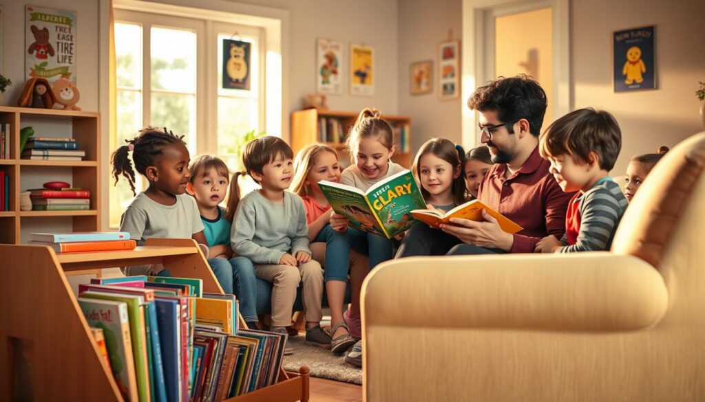A cozy and inviting home reading nook with a soft armchair and a small bookshelf filled with colorful children's books in the foreground. In the middle, a diverse group of children (3 to 8 years old) eagerly gathered around an adult reading a story, all dressed in casual, comfortable clothing. The children's faces are filled with curiosity and excitement as they listen intently. In the background, a well-lit room with warm natural light streaming in through a window, enhancing the inviting atmosphere. A few playful decorations like posters of book characters on the walls and a soft rug on the floor. The mood is warm, encouraging, and inspiring, highlighting the importance of fostering a love for reading at home and in school.