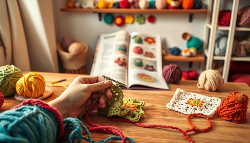 A cozy crafting corner set against a softly lit backdrop, featuring a wooden table scattered with colorful yarn balls and a crochet hook. In the foreground, a pair of hands skillfully demonstrating basic crochet stitches, with a vibrant skein of yarn nearby, showing the beginner-friendly project in progress, such as a simple scarf or dishcloth. The lighting is warm and inviting, creating a homely atmosphere. In the middle ground, an open crochet pattern booklet is visible, providing a sense of inspiration and guidance. The background features a shelf lined with completed crochet pieces, showcasing various beginner-friendly items like coasters and small toys. The overall mood is encouraging and friendly, perfect for beginners in the art of crochet.
