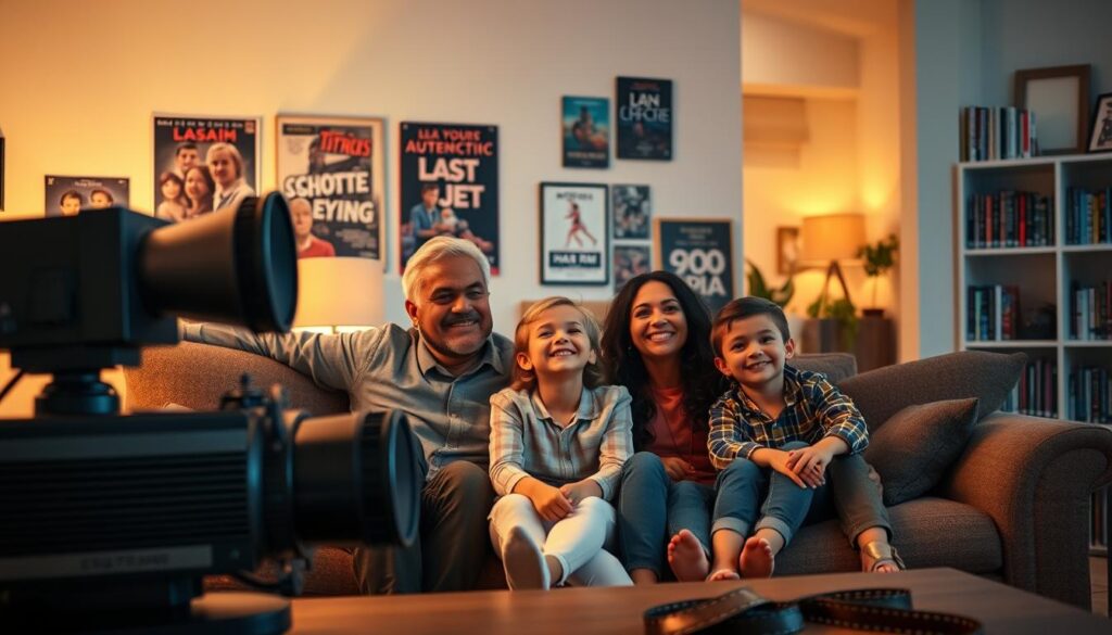 A cozy family living room filled with warmth and nostalgia, showcasing a large, vintage projector casting classic films onto a wall. In the foreground, a diverse group of family members - two adults in smart casual attire and two children - are comfortably seated on a plush sofa, their expressions filled with joy and wonder. The middle ground features an array of iconic film memorabilia, such as movie posters and a classic film reel. The background shows a softly lit room with shelves lined with classic DVDs and books about cinema. The atmosphere is inviting and cheerful, evoking a sense of togetherness and love for classic films that span generations. Soft, warm lighting enhances the nostalgic mood, while a slight bokeh effect blurs the background details, focusing on the family's engagement with the films.