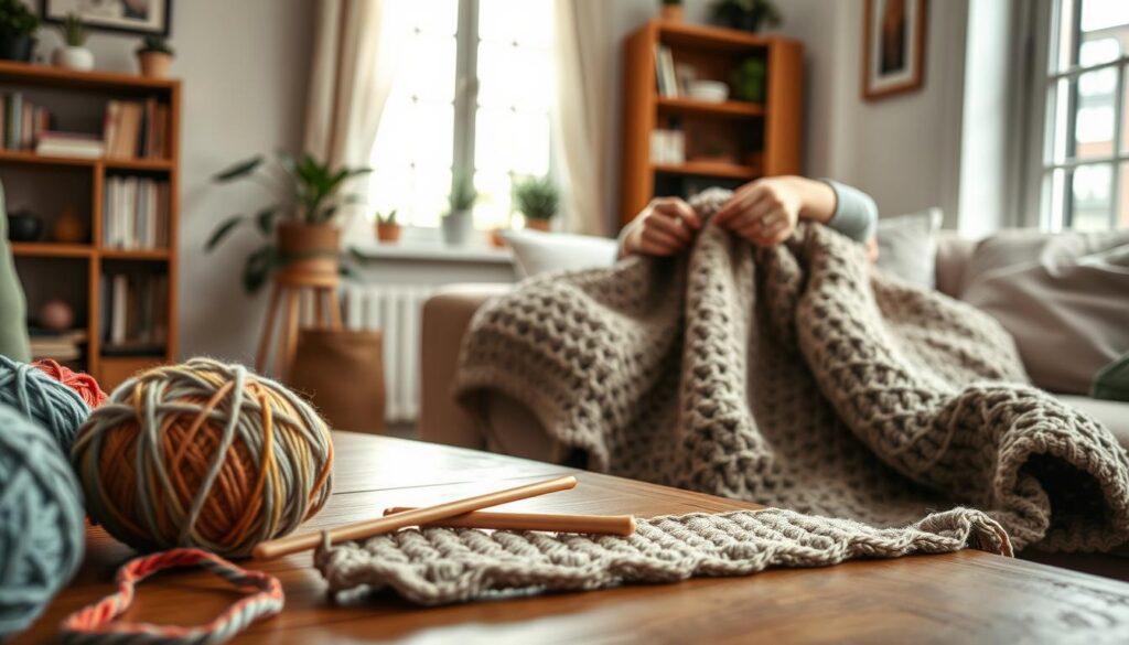 A cozy, inviting scene showcasing the step-by-step process of crocheting a blanket. In the foreground, a close-up view of colorful yarn balls and a crochet hook rests on a wooden table. In the middle ground, a partially completed blanket is draped artfully, revealing intricate stitch patterns. Hands in modest, casual attire are skillfully working on the blanket, highlighting the crafting process. In the background, soft natural light filters through a window, illuminating the warm atmosphere of a homey crafting space with subtle decorative elements like potted plants and a bookshelf. The overall mood is relaxed and creative, inviting viewers to embrace the soothing art of crochet.