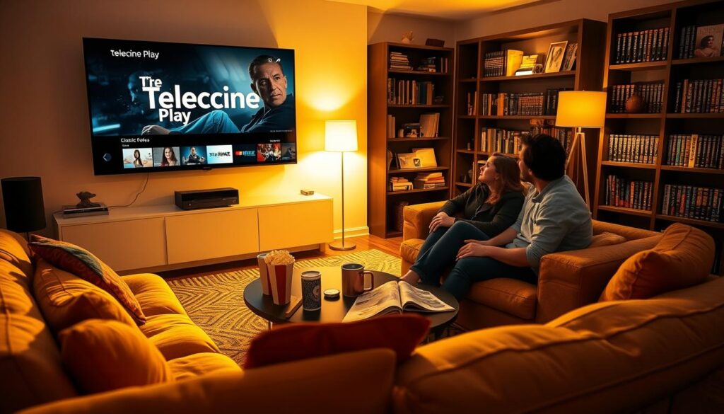 A cozy living room scene showcasing a large flat-screen TV streaming content from "Telecine Play." In the foreground, a plush sofa with colorful cushions invites viewers to relax, illuminated by soft golden lighting creating a warm atmosphere. A couple of friends sit comfortably on the sofa, dressed in casual yet stylish attire, engrossed in a thrilling movie. In the middle ground, a stylish coffee table is adorned with popcorn, drinks, and a film magazine. The background features a bookshelf filled with classic movie DVDs and film memorabilia, with a light glow from a nearby lamp adding to the inviting ambiance. The overall mood is enjoyable and cinematic, capturing the excitement of watching great films at home.