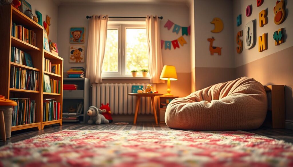A cozy reading nook designed for children, featuring a colorful, plush bean bag chair and an array of vibrant, picture books neatly organized on a small wooden bookshelf. The foreground shows a soft, patterned rug that enhances the playful atmosphere. In the middle, an inviting window spills warm, natural light into the space, illuminating a small table with a whimsical lamp and a few toys scattered about. The background consists of cheerful decorations, like wall art of animals and letters, creating a joyful environment. Ensure the overall mood is warm and inviting, fostering a sense of curiosity and safe exploration for young readers. Capture this scene with a soft focus lens for a dreamy effect, emphasizing the enchanting ambiance of a child's reading corner.