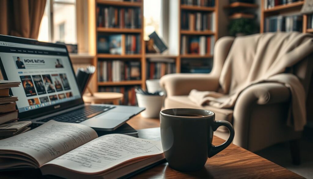 A cozy reading nook filled with books and film memorabilia, showcasing a well-used notebook with film notes and ratings visible. In the foreground, a steaming cup of coffee rests beside a laptop displaying a website with movie ratings. The middle ground features a window with soft natural light streaming in, illuminating a shelf filled with DVD covers from various genres. In the background, a comfortable armchair sits invitingly, draped with a soft throw blanket. The atmosphere is relaxed and inspiring, evoking a love for cinema and film critique. The scene is captured with a warm color palette, using a slightly blurred depth of field to emphasize the foreground elements. Lighting is soft, creating an inviting and thoughtful mood perfect for reviewing movies.