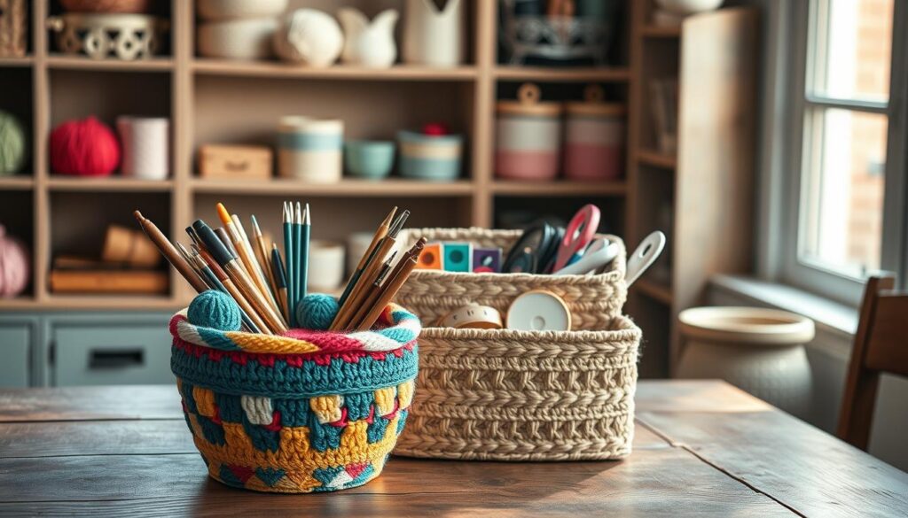 A cozy, well-lit crafting corner showcases various crochet storage containers artfully arranged on a rustic wooden table. In the foreground, a colorful, hand-crocheted basket filled with vibrant yarn balls and an assortment of crochet hooks is prominently displayed. The middle layer features an elegant, woven storage box made of natural fibers, partially open to reveal neatly sorted accessories like measuring tapes and stitch markers. In the background, softly blurred shelves lined with additional crochet containers in pastel hues create an inviting atmosphere. The scene is illuminated by warm, natural light coming through a nearby window, casting gentle shadows and enhancing the intricate textures of the crochet work. The overall mood is one of creativity and organization, perfect for inspiring crochet enthusiasts. A cozy, well-lit crafting corner showcases various crochet storage containers artfully arranged on a rustic wooden table. In the foreground, a colorful, hand-crocheted basket filled with vibrant yarn balls and an assortment of crochet hooks is prominently displayed. The middle layer features an elegant, woven storage box made of natural fibers, partially open to reveal neatly sorted accessories like measuring tapes and stitch markers. In the background, softly blurred shelves lined with additional crochet containers in pastel hues create an inviting atmosphere. The scene is illuminated by warm, natural light coming through a nearby window, casting gentle shadows and enhancing the intricate textures of the crochet work. The overall mood is one of creativity and organization, perfect for inspiring crochet enthusiasts.