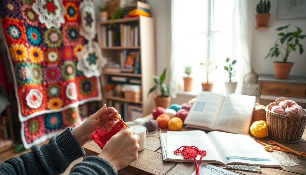 A cozy, well-lit crafting space showcasing a variety of colorful crochet pieces, including a vibrant granny square blanket and delicate lace doilies. In the foreground, a pair of hands skillfully working on a bright yarn project, using a crochet hook, embodying the essence of learning and creation. The middle ground features a rustic wooden table adorned with skeins of yarn in various shades, neatly arranged, and a pattern booklet opened to beginner crochet stitches. The background reveals a softly blurred bookshelf filled with crafting books and plants, enhancing the workshop atmosphere. Soft, natural light pours in through a nearby window, casting gentle shadows and creating a warm, inviting ambiance perfect for beginners exploring the joy of crochet. A cozy, well-lit crafting space showcasing a variety of colorful crochet pieces, including a vibrant granny square blanket and delicate lace doilies. In the foreground, a pair of hands skillfully working on a bright yarn project, using a crochet hook, embodying the essence of learning and creation. The middle ground features a rustic wooden table adorned with skeins of yarn in various shades, neatly arranged, and a pattern booklet opened to beginner crochet stitches. The background reveals a softly blurred bookshelf filled with crafting books and plants, enhancing the workshop atmosphere. Soft, natural light pours in through a nearby window, casting gentle shadows and creating a warm, inviting ambiance perfect for beginners exploring the joy of crochet.