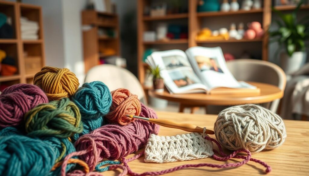 A cozy, well-lit workspace showcasing high-quality crochet materials and vibrant yarns. In the foreground, a neatly arranged assortment of colorful skeins of yarn in various textures, with soft, natural lighting illuminating their richness. Next to the yarn, a beautifully crafted crochet hook rests beside a half-finished crochet piece, highlighting the artistry involved. In the middle ground, a stylish wooden table holds a pattern booklet, while a potted plant adds a touch of greenery to the scene. The background features a softly blurred view of shelves filled with additional crochet supplies, enhancing the inviting atmosphere. The overall mood is warm and inspiring, conveying a sense of creativity and passion for crochet, making it clear that using quality materials is essential for a successful venture.