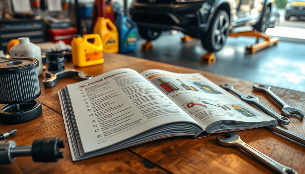 A detailed automotive maintenance manual opened on a wooden workbench, surrounded by tools such as an oil filter wrench, an oil change pump, and an assortment of wrenches. In the foreground, there is a close-up of an oil change checklist with checkmarks next to each task. The middle ground features the manual's colorful illustrations demonstrating the oil changing process, including an oil extraction step. The background consists of a softly lit garage with oil containers and a car on a lift, creating a knowledgeable and professional atmosphere. The lighting is warm and inviting, highlighting the importance of following manufacturer recommendations for oil changes in a clear and engaging manner. The angle captures the entire scene from a slightly elevated perspective, enhancing the focus on the manual and tools.