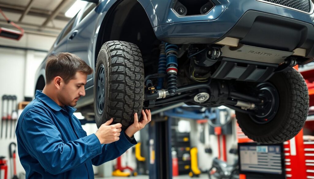 A detailed automotive workshop scene showcasing a mechanic inspecting a vehicle's suspension system. In the foreground, a mechanic in a blue jumpsuit is carefully examining the modified suspension components, emphasizing wear and improper adjustments. The middle ground features the vehicle on a lift, highlighting its altered suspension setup, including visible control arms, shocks, and springs. The background is filled with tools and automotive parts, blending a realistic mechanic's environment. The lighting is bright and focused on the workspace, creating a clear and professional atmosphere. The composition is dynamic, conveying a sense of urgency and concern regarding the vehicle's safety. The overall mood is serious, reflecting the potential dangers of improper suspension modifications.