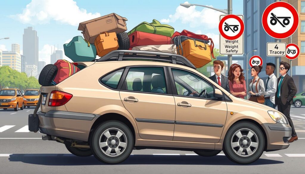 A detailed illustration of a car parked on a busy urban street, showing an overloaded vehicle with visibly excessive cargo on its roof and inside. In the foreground, emphasize the car's struggling suspension and bulging tires as it leans to one side, conveying the risks of exceeding the manufacturer's recommended load. In the middle ground, include a diverse group of drivers in smart business attire examining the car with concerned expressions, as if discussing its safety implications. The background should depict a cityscape with traffic signs highlighting weight limits and safety regulations, under a bright, clear sky to evoke awareness. Use natural daylight for a realistic look, with a camera angle slightly elevated to capture the full scene effectively, creating a mood of caution and education.
