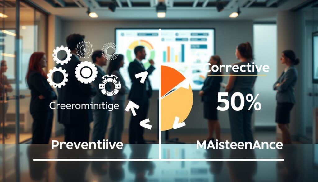 A detailed infographic-style image illustrating the cost-benefit balance of preventive maintenance versus corrective maintenance. In the foreground, showcase a split chart with clear icons representing preventive maintenance, like gears and tools, on one side; and corrective maintenance, like emergency lights and repair cases, on the other. In the middle ground, include a pie chart with percentages reflecting their respective costs and benefits, enhanced with arrows showing a flow from preventive to corrective. The background features an office environment with professionals in business attire analyzing data on a large screen, with warm lighting to convey a serious yet optimistic atmosphere. Use a wide-angle lens effect to capture the entire scene, emphasizing professionalism and analytical discussion. A detailed infographic-style image illustrating the cost-benefit balance of preventive maintenance versus corrective maintenance. In the foreground, showcase a split chart with clear icons representing preventive maintenance, like gears and tools, on one side; and corrective maintenance, like emergency lights and repair cases, on the other. In the middle ground, include a pie chart with percentages reflecting their respective costs and benefits, enhanced with arrows showing a flow from preventive to corrective. The background features an office environment with professionals in business attire analyzing data on a large screen, with warm lighting to convey a serious yet optimistic atmosphere. Use a wide-angle lens effect to capture the entire scene, emphasizing professionalism and analytical discussion.
