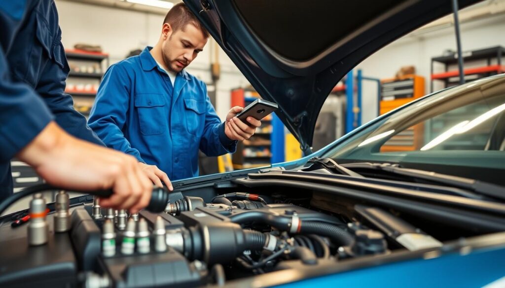 A detailed mechanical inspection of a vehicle, showcasing a mechanic in a professional blue jumpsuit, focused on the engine compartment. The mechanic is using specialized tools, such as a torque wrench and diagnostic scanner, ensuring all systems are thoroughly checked. The foreground emphasizes the mechanic's hands at work, surrounded by various automotive parts like spark plugs and hoses. In the middle ground, the open hood of a modern car reveals a well-organized engine bay, with a bright LED work light illuminating the area. The background features a tidy auto shop with tool racks and diagnostic equipment, all under warm, natural lighting to evoke a sense of professionalism and diligence. The atmosphere conveys the importance of thorough vehicle maintenance for long journeys, highlighting attention to detail and care.