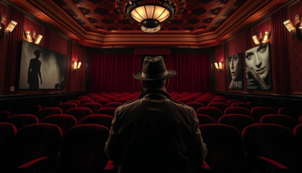 A dimly lit vintage cinema with red velvet seats and an ornate, art deco ceiling, evoking an atmosphere of suspense. In the foreground, a lone figure, dressed in a classic trench coat and fedora, is seated with their back to the viewer, intensely focused on the screen. The middle ground features flickering images of iconic suspense films, such as a sinister shadowy figure, a mysterious woman in a dramatic pose, and a clock displaying a ticking time that suggests urgency. The background shows old film posters with dramatic faces and eerie landscapes, hinting at unexpected plot twists. Soft, chiaroscuro lighting casts a dramatic effect across the scene, enhancing the feeling of tension and intrigue, while a wide-angle lens captures the grandeur of the cinema and immerses the viewer in this nostalgic world of classic thrillers. A dimly lit vintage cinema with red velvet seats and an ornate, art deco ceiling, evoking an atmosphere of suspense. In the foreground, a lone figure, dressed in a classic trench coat and fedora, is seated with their back to the viewer, intensely focused on the screen. The middle ground features flickering images of iconic suspense films, such as a sinister shadowy figure, a mysterious woman in a dramatic pose, and a clock displaying a ticking time that suggests urgency. The background shows old film posters with dramatic faces and eerie landscapes, hinting at unexpected plot twists. Soft, chiaroscuro lighting casts a dramatic effect across the scene, enhancing the feeling of tension and intrigue, while a wide-angle lens captures the grandeur of the cinema and immerses the viewer in this nostalgic world of classic thrillers.