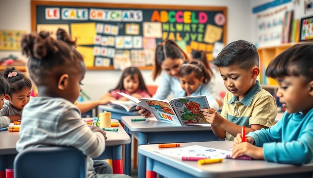 A diverse group of young children engaged in a lively classroom setting, sitting at small tables with colorful learning materials around them. In the foreground, a focused child is writing letters on a paper with bright crayons, showcasing concentration and creativity. In the middle, a teacher, dressed in professional attire, is guiding another child who struggles with reading, using picture books and flashcards. The background contains a bright chalkboard with educational posters and alphabet charts, filled with vibrant colors to create an inviting atmosphere. Soft, diffused lighting enhances the warm, supportive mood of the classroom, while a wide-angle view captures the joyful learning environment.