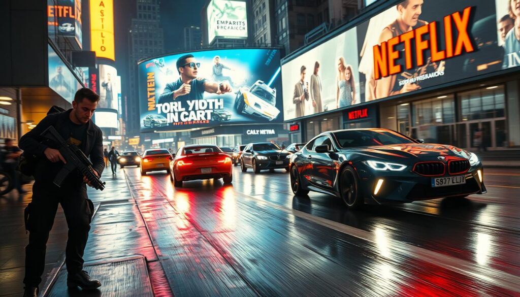 A dynamic and engaging scene showcasing a variety of action movie elements representative of Netflix's best recent productions. In the foreground, a heroic character in professional, action-ready attire, wielding a futuristic weapon, stands confidently. In the middle ground, an intense chase scene unfolds, featuring sleek cars speeding through a visually striking urban environment with neon lights reflecting on wet pavement, conveying a sense of adrenaline and urgency. The background displays a large digital billboard featuring iconic action movie imagery, subtly hinting at Netflix branding without showing any logos or text. The lighting is dramatic, with high-contrast shadows and vibrant colors enhancing the action-packed atmosphere, using a cinematic lens perspective to draw viewers into the scene. The mood is energetic and exhilarating, inviting the viewer to experience the thrill of action films.