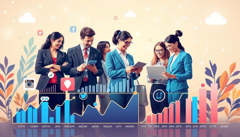 A dynamic and vibrant illustration representing digital growth and social media analysis tools. In the foreground, display stylized graphs and charts showcasing metrics like engagement rates and follower growth, with icons of social media platforms such as Instagram, Twitter, and Facebook. The middle ground features a diverse group of professionals in business attire, collaboratively discussing strategies, looking at a laptop or tablet displaying analytics. The background should include abstract digital elements like data streams, cloud icons, and interconnected lines symbolizing a network. Use bright, engaging colors with soft lighting to create a modern, professional atmosphere, emphasizing innovation and connectivity. The angle should be slightly elevated, providing a comprehensive view that captures the essence of digital social media analysis.
