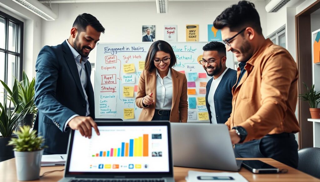 A dynamic digital workspace scene illustrating strategies for engaging visitors on social media. In the foreground, a diverse group of three professionals, dressed in business casual attire, are intently discussing engagement strategies over a laptop. One person points at a colorful graph displayed on the screen. In the middle ground, a large whiteboard features colorful sticky notes and mind maps related to tutorials, questions, and promotions. The background shows a bright, modern office with plants and motivational posters. Soft, natural lighting falls through large windows, creating a warm and inviting atmosphere. The overall mood is collaborative and innovative, encouraging creativity and engagement.