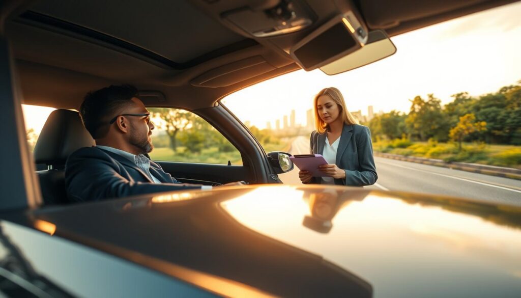 A dynamic scene capturing a test drive evaluation of a car in an urban setting during golden hour. In the foreground, a diverse group of two individuals, a man and a woman, are examining a sleek, modern sedan, both dressed in professional business attire. The man is sitting in the driver’s seat, slightly turned towards the passenger, while the woman stands outside, reviewing features with a clipboard. In the middle ground, the open road stretches ahead, with lush greenery and cityscape in the background, bathed in warm, soft sunlight. The image should reflect a sense of excitement and professionalism, emphasizing the importance of a thorough test drive experience. The angle captures the car’s sleek profile, inviting the viewer into the scene. A dynamic scene capturing a test drive evaluation of a car in an urban setting during golden hour. In the foreground, a diverse group of two individuals, a man and a woman, are examining a sleek, modern sedan, both dressed in professional business attire. The man is sitting in the driver’s seat, slightly turned towards the passenger, while the woman stands outside, reviewing features with a clipboard. In the middle ground, the open road stretches ahead, with lush greenery and cityscape in the background, bathed in warm, soft sunlight. The image should reflect a sense of excitement and professionalism, emphasizing the importance of a thorough test drive experience. The angle captures the car’s sleek profile, inviting the viewer into the scene.