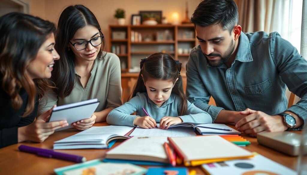 A family gathered around a dining table, engaged in educational activities. In the foreground, a mother with glasses and a father with a notepad, both in casual but professional attire, are helping their child with homework, illustrating the struggles faced in educational support. The middle layer features their child, a young girl, focused on her math problems, with scattered books and colorful educational materials around her. In the background, a cozy home environment with soft, warm lighting creates an inviting atmosphere, highlighting family unity despite the educational challenges. The angle is slightly overhead, capturing the tension and warmth in the family's interaction, evoking a sense of collaboration and determination.