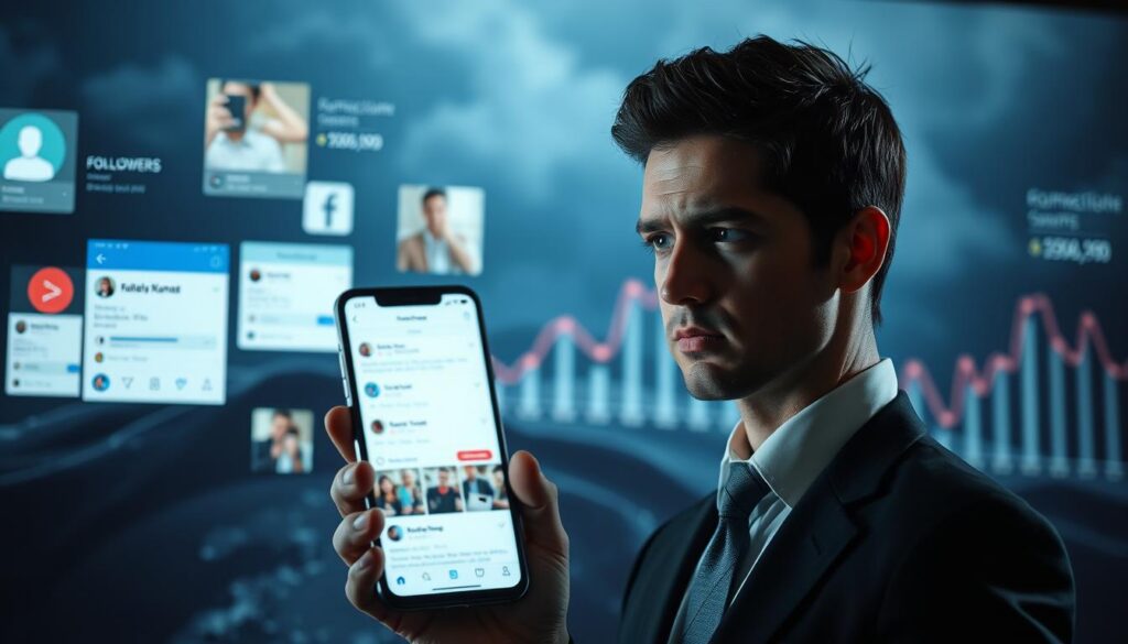 A fragmented smartphone screen displaying various social media profiles with an array of follower counts, some inflated and others low. In the foreground, an anxious individual in professional attire, glancing at the screen, reflecting on the consequences of buying followers. In the middle ground, a blurred representation of social media icons and graphs indicating performance metrics, subtly hinting at fluctuating engagement rates. The background features a dark, abstract digital landscape, symbolizing deception and the pitfalls of artificial follower counts. Soft lighting casts shadows, creating a tense, contemplative mood, captured with a slight tilt-shift lens effect to emphasize the subject. The overall atmosphere suggests a warning about the risks associated with hastily acquiring followers.