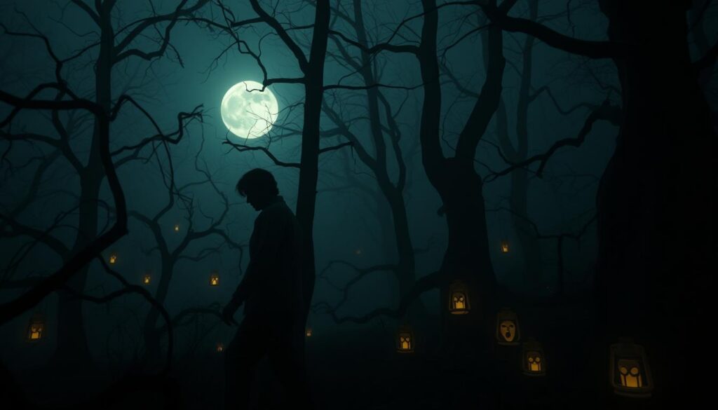 A haunting scene inspired by recent horror films, featuring a dimly lit, eerie forest shrouded in mist. In the foreground, a shadowy silhouette of a character in modest, neutral clothing cautiously steps among twisted trees, glancing back as if sensing an unseen presence. The middle ground reveals flickering lanterns hanging from branches, illuminating ghostly faces carved into tree trunks, evoking a sense of dread and curiosity. In the background, a misty full moon casts an otherworldly glow, enhancing the ominous atmosphere. The image captures a cinematic quality, shot from a low angle, creating a feeling of vulnerability and suspense. The overall color palette is dark and moody, with shades of deep blue, gray, and subtle hints of eerie green, setting a spine-chilling tone. A haunting scene inspired by recent horror films, featuring a dimly lit, eerie forest shrouded in mist. In the foreground, a shadowy silhouette of a character in modest, neutral clothing cautiously steps among twisted trees, glancing back as if sensing an unseen presence. The middle ground reveals flickering lanterns hanging from branches, illuminating ghostly faces carved into tree trunks, evoking a sense of dread and curiosity. In the background, a misty full moon casts an otherworldly glow, enhancing the ominous atmosphere. The image captures a cinematic quality, shot from a low angle, creating a feeling of vulnerability and suspense. The overall color palette is dark and moody, with shades of deep blue, gray, and subtle hints of eerie green, setting a spine-chilling tone.