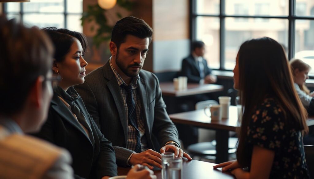 A poignant scene illustrating contemporary dramas centered on relationships and personal growth. In the foreground, a diverse group of three adults—a woman in a tailored suit, a man in casual yet professional attire, and another woman wearing a modest dress—engage in a heartfelt conversation, their expressions reflecting a mix of vulnerability and determination. The middle ground features a cozy café setting with soft, warm lighting creating an intimate atmosphere. In the background, blurred silhouettes of patrons add depth to the scene while soft light filters through large windows. The focus should be on the emotions conveyed through the characters' body language and facial expressions, evoking themes of connection, struggle, and hope. A cinematic angle enhances the storytelling quality, capturing the essence of dramatic narratives.