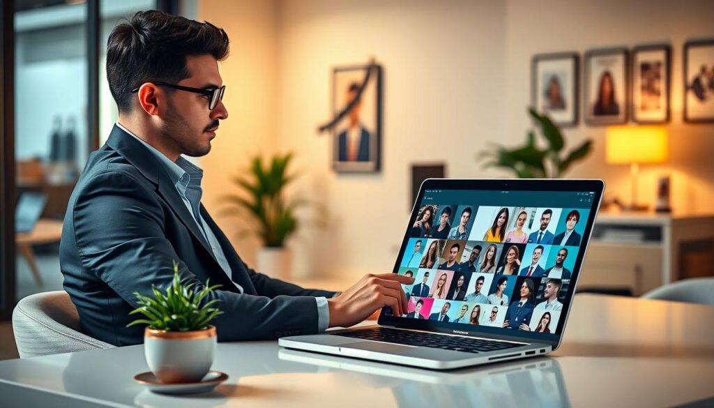 A professional individual sitting at a stylish desk, dressed in business casual attire, thoughtfully reviewing various profile pictures on a laptop screen. The foreground features the individual, with a laptop displaying a grid of diverse profile pictures representing popular social media platforms. The middle ground includes a well-organized workspace with soft lighting, highlighting a potted plant and a coffee cup to add a personal touch. In the background, a modern office setting is visible, with subtle art pieces on the walls, creating a motivating atmosphere. Warm, natural light filters through a window, giving the scene a welcoming vibe. The overall mood is one of focus and creativity, reflecting the importance of selecting the ideal profile picture for various social networks. A professional individual sitting at a stylish desk, dressed in business casual attire, thoughtfully reviewing various profile pictures on a laptop screen. The foreground features the individual, with a laptop displaying a grid of diverse profile pictures representing popular social media platforms. The middle ground includes a well-organized workspace with soft lighting, highlighting a potted plant and a coffee cup to add a personal touch. In the background, a modern office setting is visible, with subtle art pieces on the walls, creating a motivating atmosphere. Warm, natural light filters through a window, giving the scene a welcoming vibe. The overall mood is one of focus and creativity, reflecting the importance of selecting the ideal profile picture for various social networks.