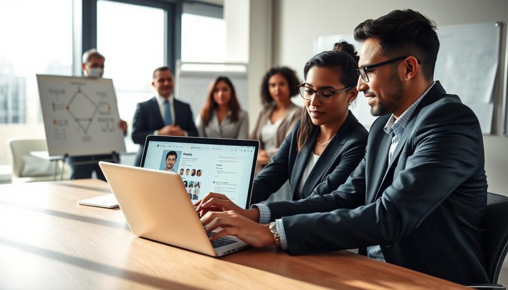 A professional setting depicting a diverse group of individuals engaged in a collaborative meeting. In the foreground, two business professionals, a man and a woman, are seated at a conference table, examining a laptop displaying a detailed profile page with personal information. They are dressed in professional business attire, showcasing a sense of trust and credibility. In the middle ground, a whiteboard is filled with flowcharts and notes about profile authenticity. The background features a modern office environment with large windows letting in natural light, creating a warm and inviting atmosphere. Soft shadows enhance the focus on the group, conveying a mood of collaboration and confidence. The camera angle is slightly elevated, allowing the viewer to see both the individuals and the laptop screen clearly. A professional setting depicting a diverse group of individuals engaged in a collaborative meeting. In the foreground, two business professionals, a man and a woman, are seated at a conference table, examining a laptop displaying a detailed profile page with personal information. They are dressed in professional business attire, showcasing a sense of trust and credibility. In the middle ground, a whiteboard is filled with flowcharts and notes about profile authenticity. The background features a modern office environment with large windows letting in natural light, creating a warm and inviting atmosphere. Soft shadows enhance the focus on the group, conveying a mood of collaboration and confidence. The camera angle is slightly elevated, allowing the viewer to see both the individuals and the laptop screen clearly.