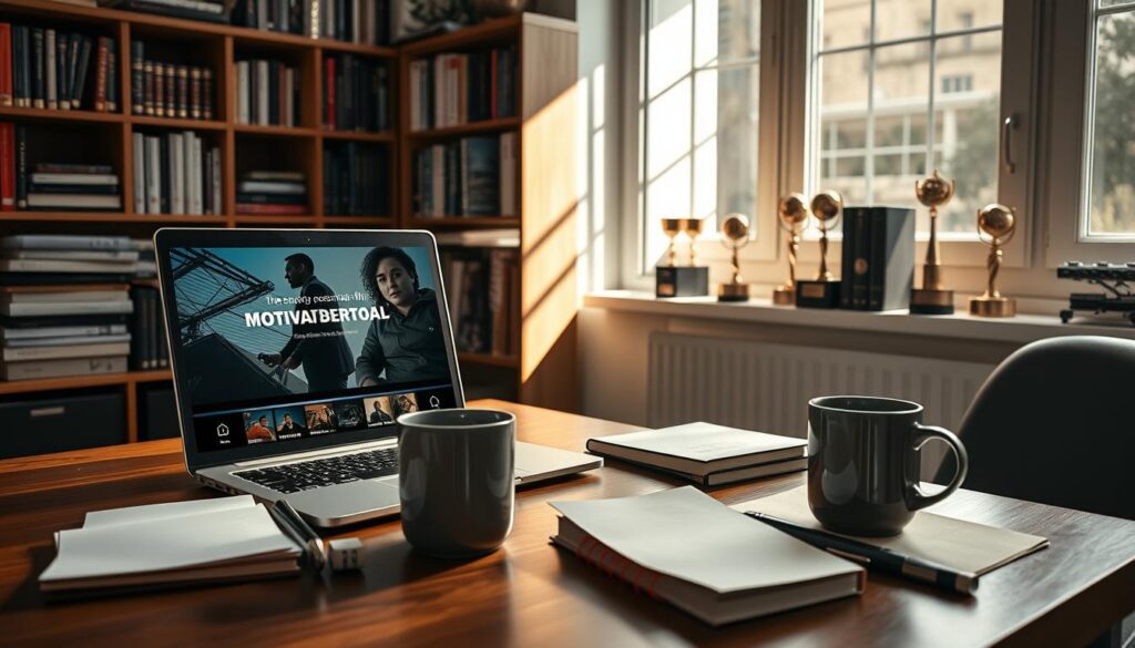 A professional workspace filled with inspiration, featuring a cozy office environment. In the foreground, a wooden desk with a laptop open to a streaming platform showing a paused motivational film, surrounded by neatly arranged notebooks and a large coffee mug. In the middle ground, a bookshelf filled with business books and film trophies, showcasing a blend of professional success and creative inspiration. The background reveals a window with natural sunlight pouring in, casting soft shadows, creating a warm and inviting atmosphere. The overall mood is uplifting and motivating, appealing to professionals seeking empowerment and wisdom through cinema.
