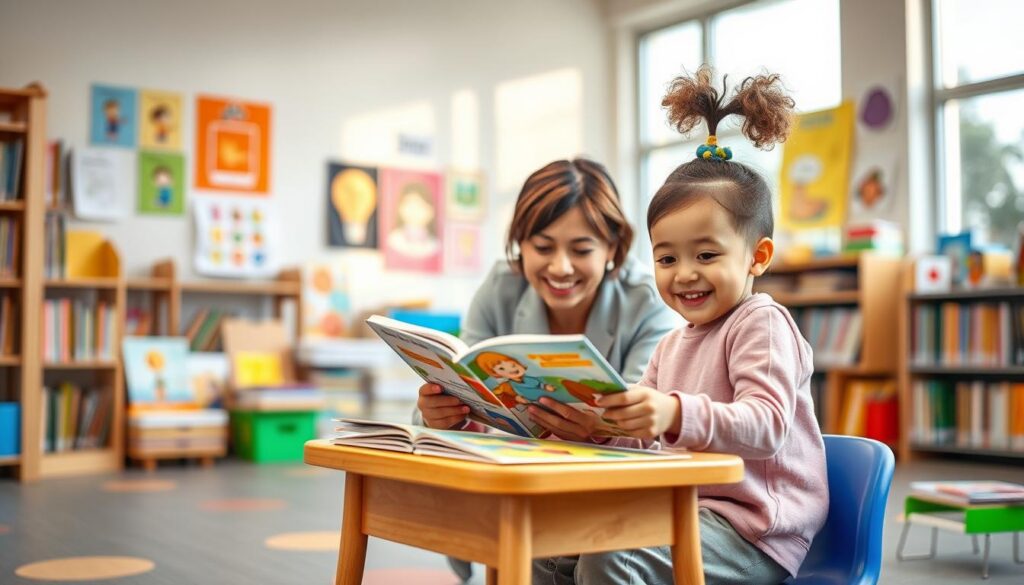 A serene and colorful classroom scene portraying a joyful learning environment. In the foreground, a young child, around 6 years old, with a curious expression, is sitting at a small desk surrounded by colorful books and educational materials. The child is wearing comfortable, casual clothing. In the middle, a caring teacher, dressed in professional attire, kneels beside the child, guiding them gently through reading a picture book. The background showcases shelves filled with books, educational posters on the walls, and large windows letting in warm, natural light. The atmosphere is inviting and supportive, emphasizing a respectful and nurturing approach to literacy learning, capturing the essence of learning at one’s own pace.