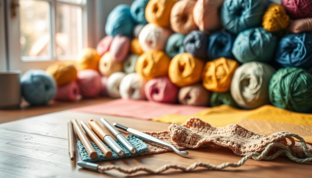 A serene and inviting crafting workspace featuring an array of vibrant crochet yarn balls in various colors—pastel pinks, deep blues, sunny yellows, and earthy greens—displayed in an aesthetically pleasing arrangement. In the foreground, a wooden table holds several crochet hooks of different sizes, alongside a partly finished crochet project. The middle ground showcases a gentle gradient of fabric swatches in coordinating colors, hinting at potential crochet gifts. The background is softly blurred to focus on the crafts, with soft natural light streaming in through a nearby window, creating a warm and cozy atmosphere. This image should evoke creativity and inspiration, perfect for handmade crochet gift ideas. A serene and inviting crafting workspace featuring an array of vibrant crochet yarn balls in various colors—pastel pinks, deep blues, sunny yellows, and earthy greens—displayed in an aesthetically pleasing arrangement. In the foreground, a wooden table holds several crochet hooks of different sizes, alongside a partly finished crochet project. The middle ground showcases a gentle gradient of fabric swatches in coordinating colors, hinting at potential crochet gifts. The background is softly blurred to focus on the crafts, with soft natural light streaming in through a nearby window, creating a warm and cozy atmosphere. This image should evoke creativity and inspiration, perfect for handmade crochet gift ideas.