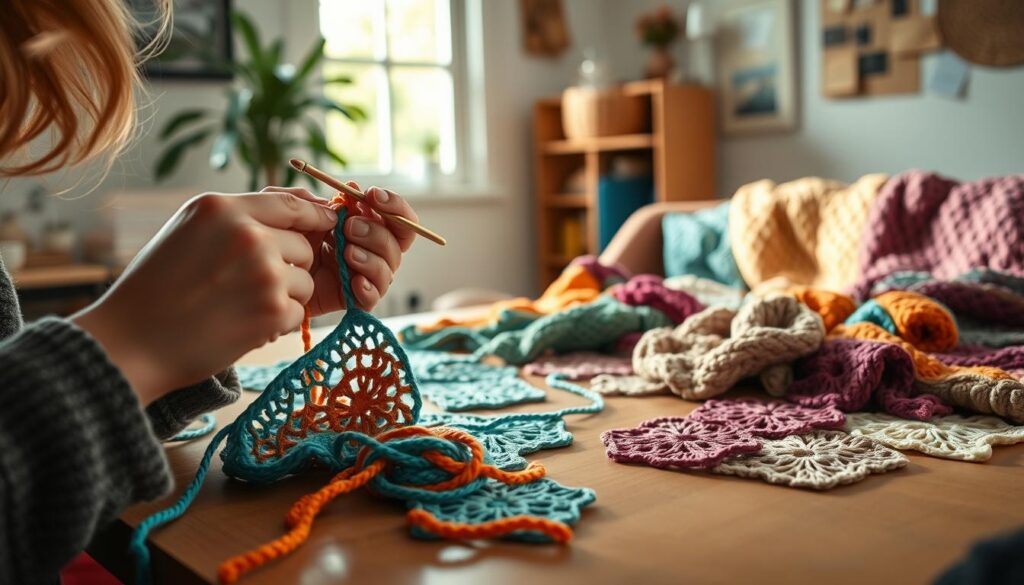 A serene, well-lit workspace showcasing a crochet enthusiast demonstrating the "ponto alto" technique. In the foreground, a close-up of hands skillfully working the crochet hook with vibrant yarn, capturing the intricate stitches and patterns of various "ponto alto" variations. The middle ground features an array of completed crochet pieces, elegantly draped over a wooden table, displaying different textures and colors inspired by the "ponto alto" technique. In the background, soft natural light filters through a nearby window, creating a warm and inviting atmosphere. The composition conveys a sense of creativity and relaxation, evoking the joy of crochet as a beginner-friendly craft. A serene, well-lit workspace showcasing a crochet enthusiast demonstrating the "ponto alto" technique. In the foreground, a close-up of hands skillfully working the crochet hook with vibrant yarn, capturing the intricate stitches and patterns of various "ponto alto" variations. The middle ground features an array of completed crochet pieces, elegantly draped over a wooden table, displaying different textures and colors inspired by the "ponto alto" technique. In the background, soft natural light filters through a nearby window, creating a warm and inviting atmosphere. The composition conveys a sense of creativity and relaxation, evoking the joy of crochet as a beginner-friendly craft.